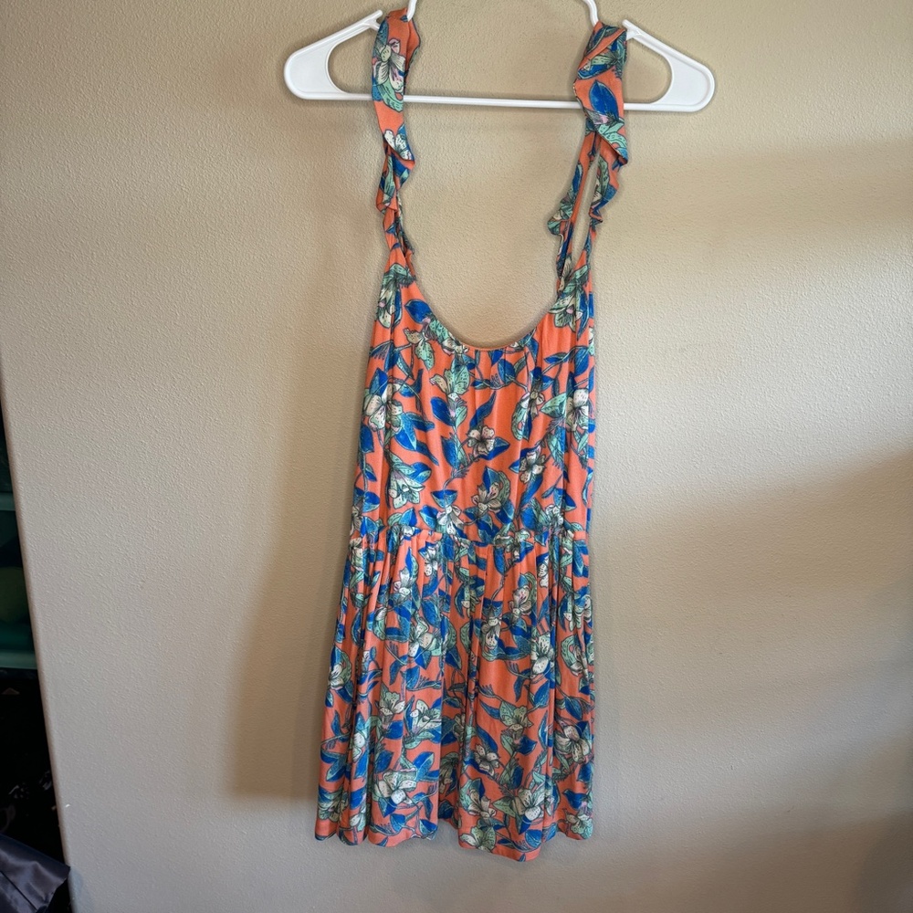 Free People Womens Mini Ruffle Dress Size L Floral Blue Orange Spaghetti